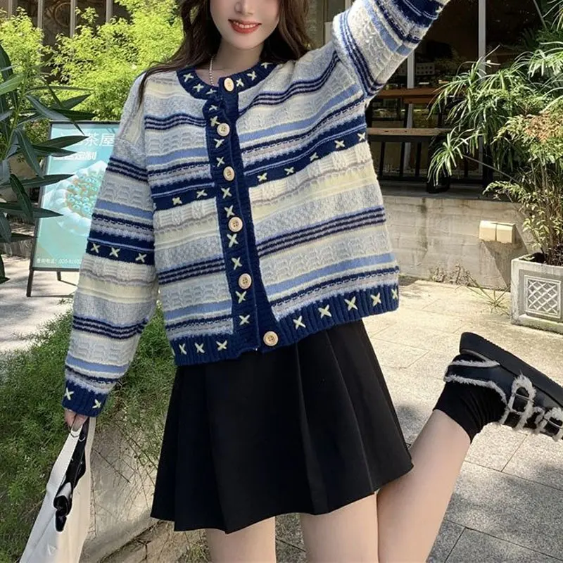 Vintage Color Striped Knitted Loose Cardigan Stylish Female Clothing Folk O-Neck Autumn Winter Sweet Single-breasted Sweaters