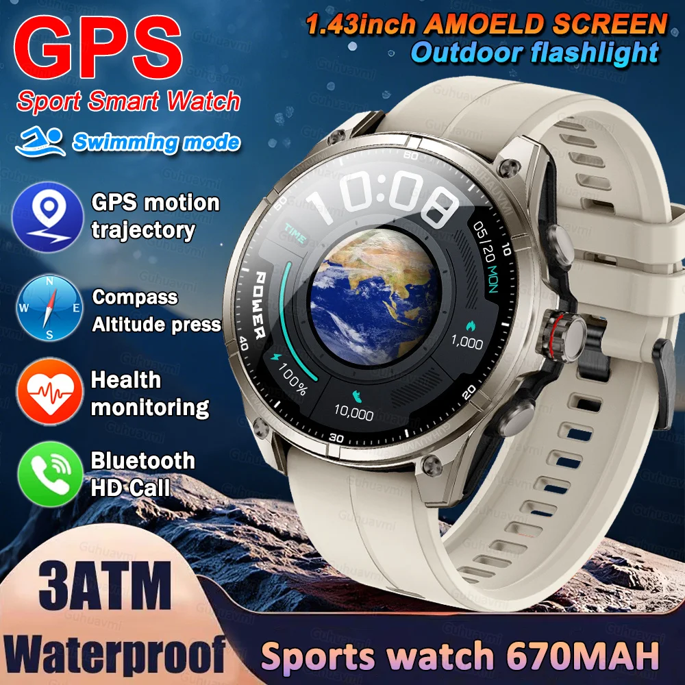 

Outdoor Sports Smartwatch GPS Compass Waterproof Flashlight 1.43AMOLED Custom Watch dial Call Smart Watch For man GPS Sports