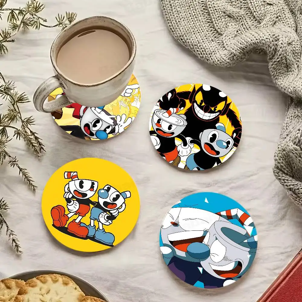 Classic Game Anime Cuphead pattern art painted wooden anti-slip coasters, suitable for decoration of living room kitchenware