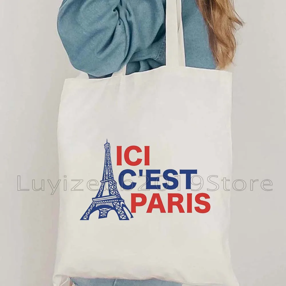 This Is Paris Ici Cest Paris Eiffel Tower Welcome 2024 To City Love Heart Salut Paris Canvas Totes Bag Shopper Shoulder Handbag