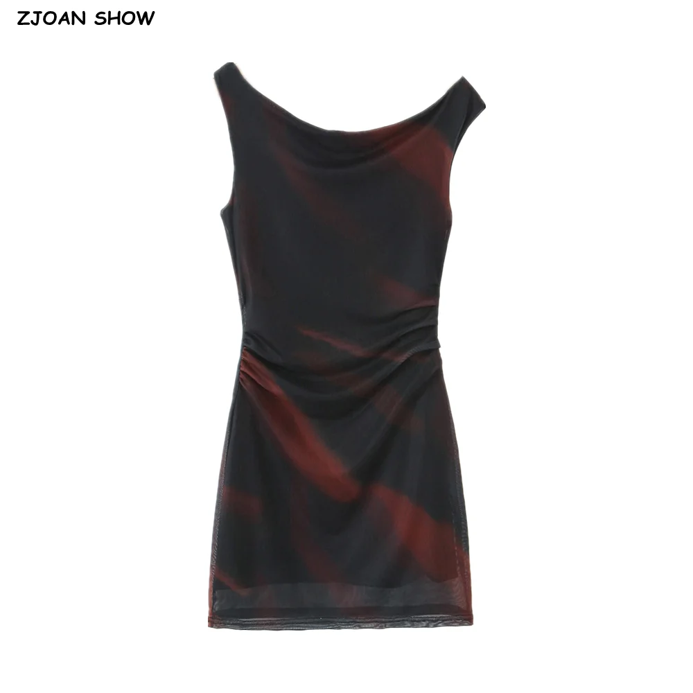 

2025 Sexy Tie-dye Print Irregular One Shoulder Mesh Sleeveless Mini Dress Women Ruched Waist Package Hips Tank Dress Party Robe