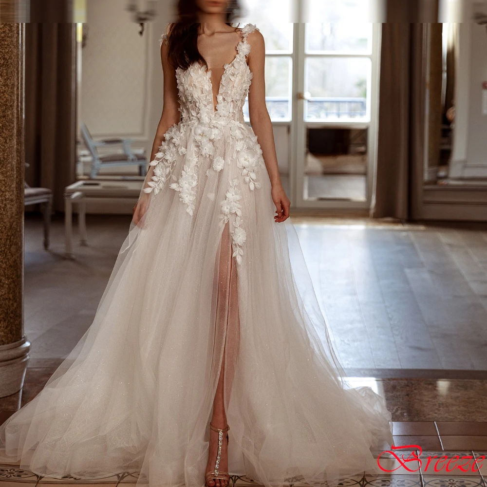 

Customized White Organza Exquisite Wedding Dress Sexy V-neck Luxury Appliques Romantic Bridal Party Temperament Bridal Gowns