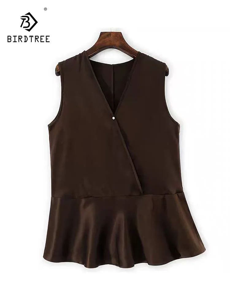 

BirdTree — элегантный шелковый жилет, женский V-образный вырез без рукавов с пуговицами, повседневная универсальная свободная майка в стиле ретро, новинка осени 2023 года T5N332CC