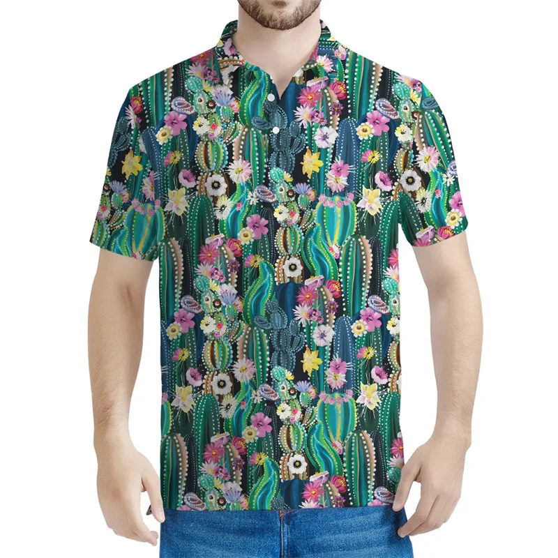 Tropical Cactus Pattern Polo Shirt Men Women Fashion Summer 3D Printed Plants T-Shirts Button Short Sleeves Street Tee Shirts