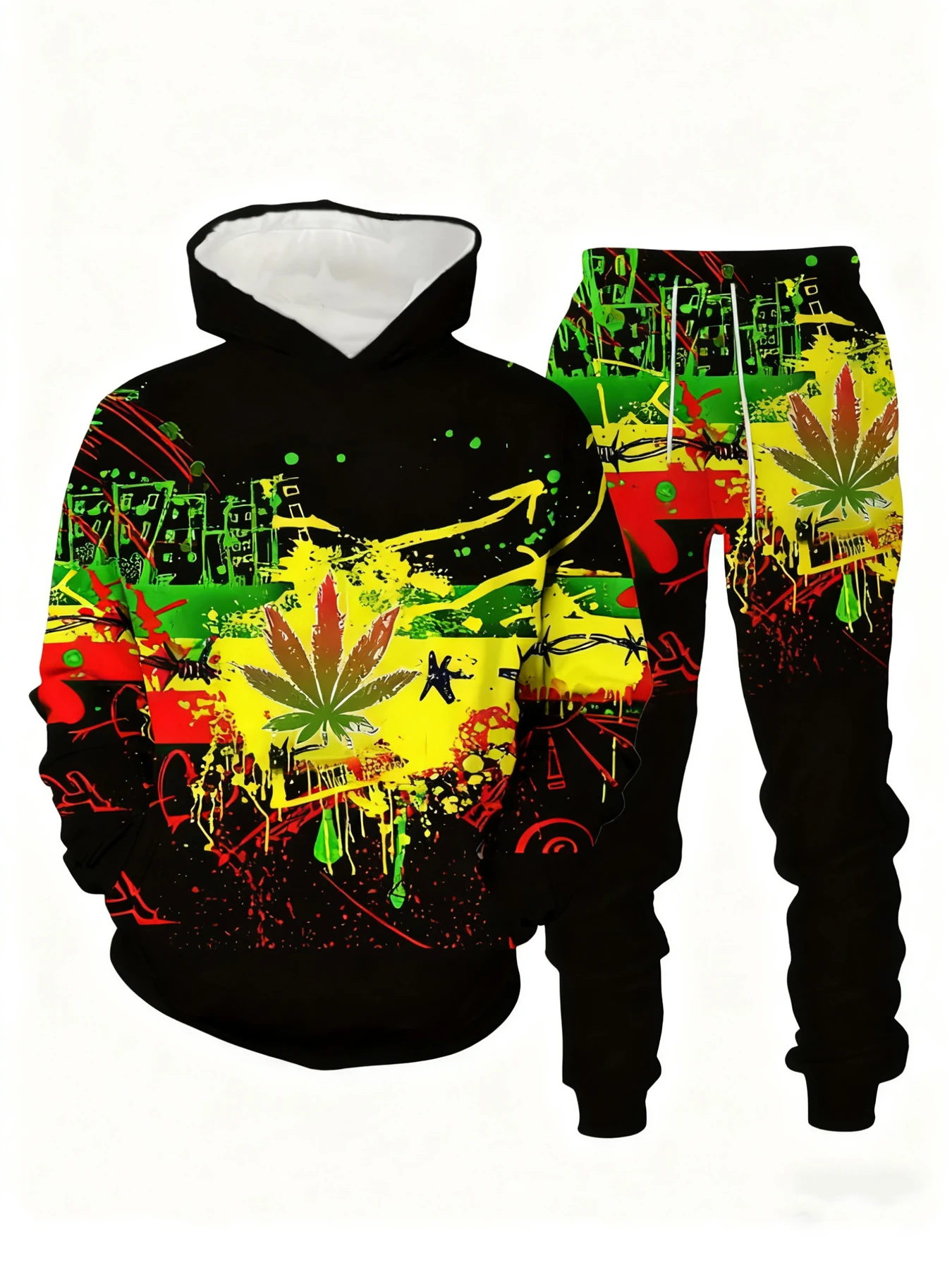 New Arrival Casual Winter Autumn Leef 3D Printed Hoodie and Pants Set Tracksuit 2Piece Set Sportwear Men Clothing Suit