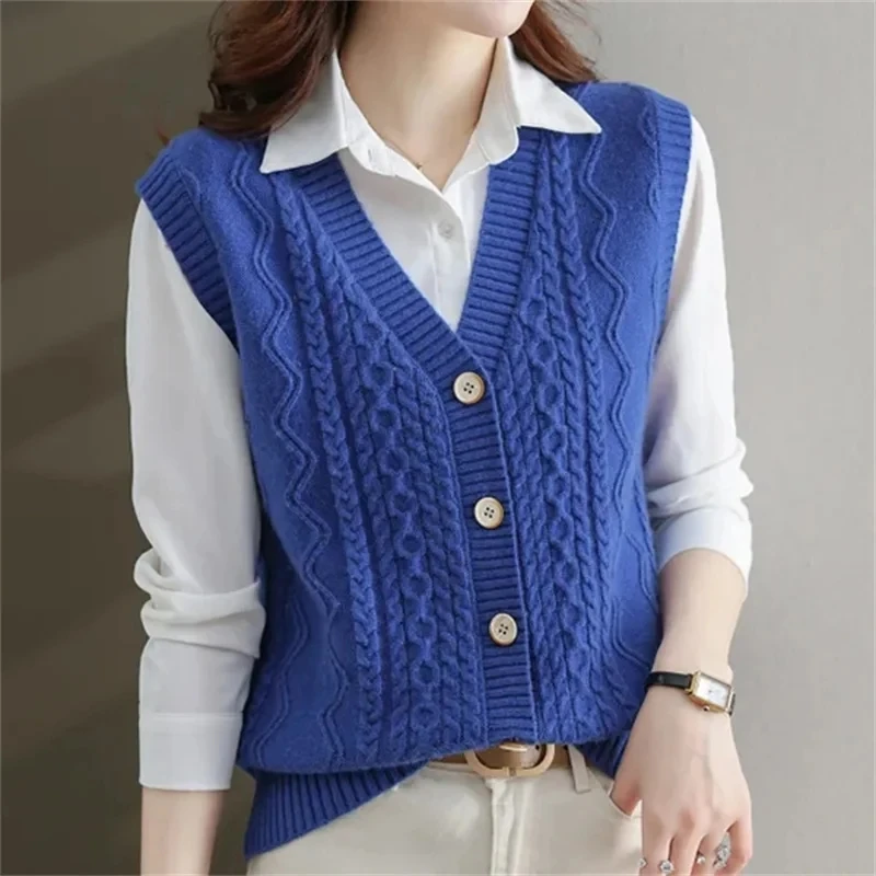 Spring Autumn Sweater Vest Women Solid Color V-Neck Knitted Sleeveless Jacket Female Casual Button Vests Cardigan Waistcoat Coat