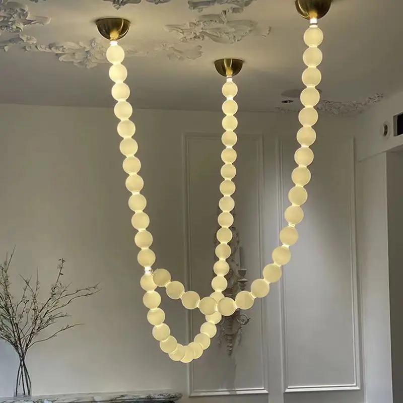 French beaded pendant lamp milky white ball Linear Lamp dining room long pearl necklace lamp duplex loft staircase Hanging Lamp
