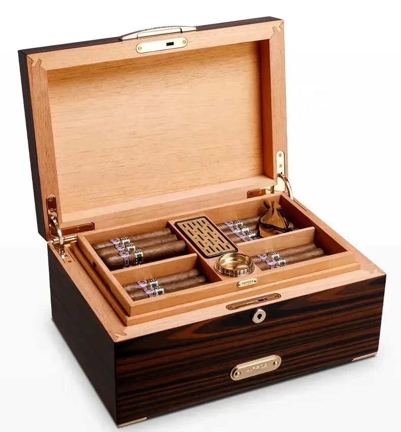 JIFENG manufacturer 41*28*18cm 8kg 100cigars shiny spanish cedar wood thickness 25mm cigar humidor box with 4 feet on the bottom