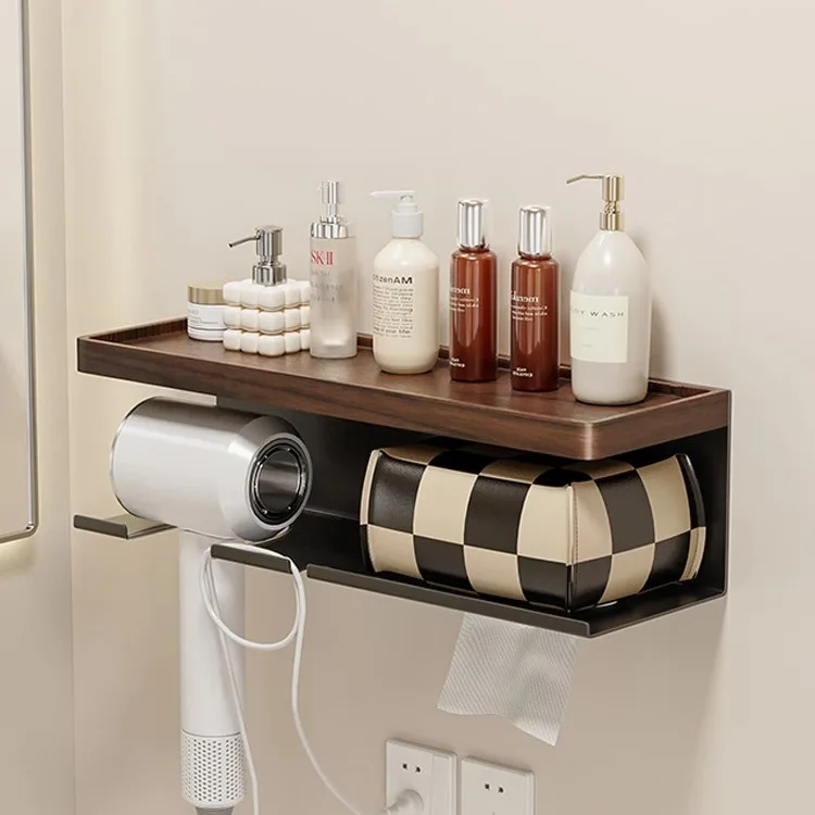 No Drill Walnut Wood Bathroom Shelf Hair Dryer Holder Wall Mounted Organizer Black Finish Dual Installation Options Smooth Walls