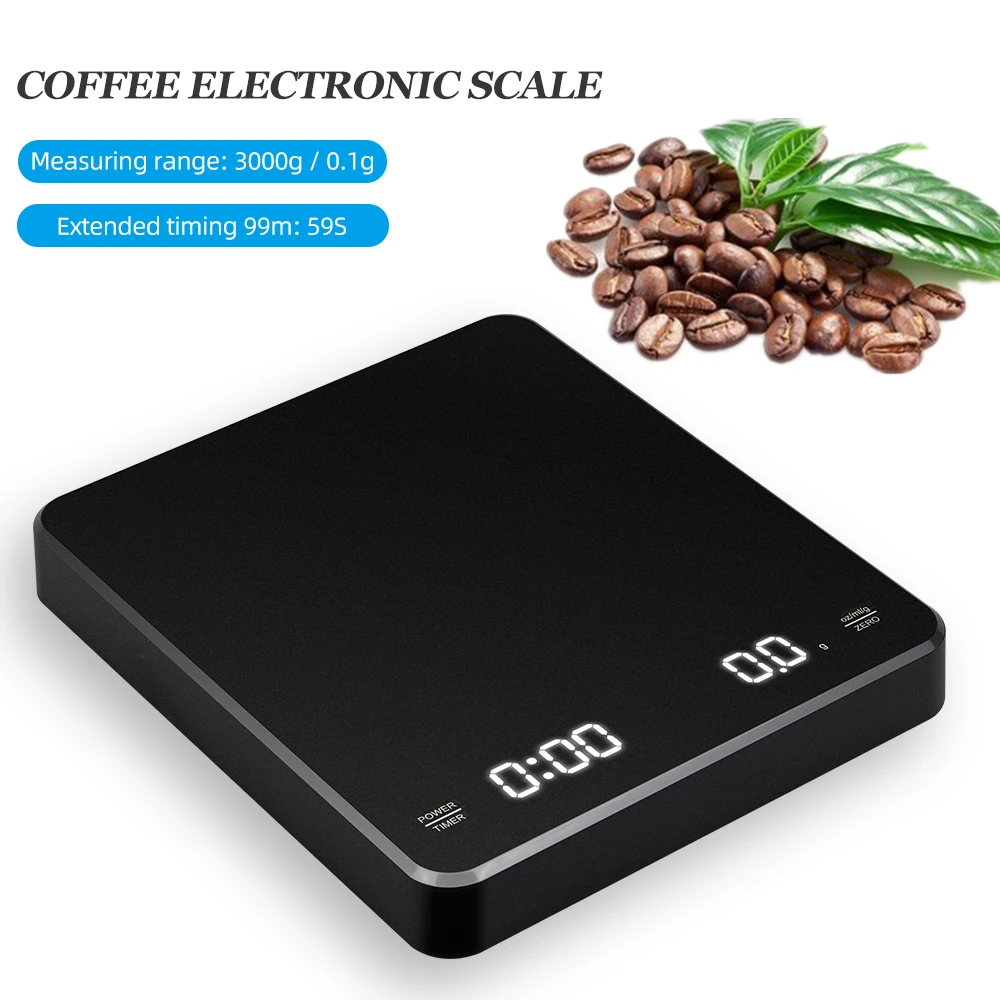 Rechargable Digital Coffee Scale with Timer LED Screen Espresso USB 3kg Max.Weighing 0.1g High Precision Measures Kitchen Scale
