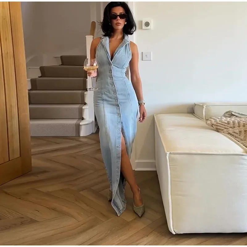 Abito lungo Jean da donna Colletto rovesciato senza maniche monopetto con spacco frontale 2025 Abiti casual femminili di moda estiva