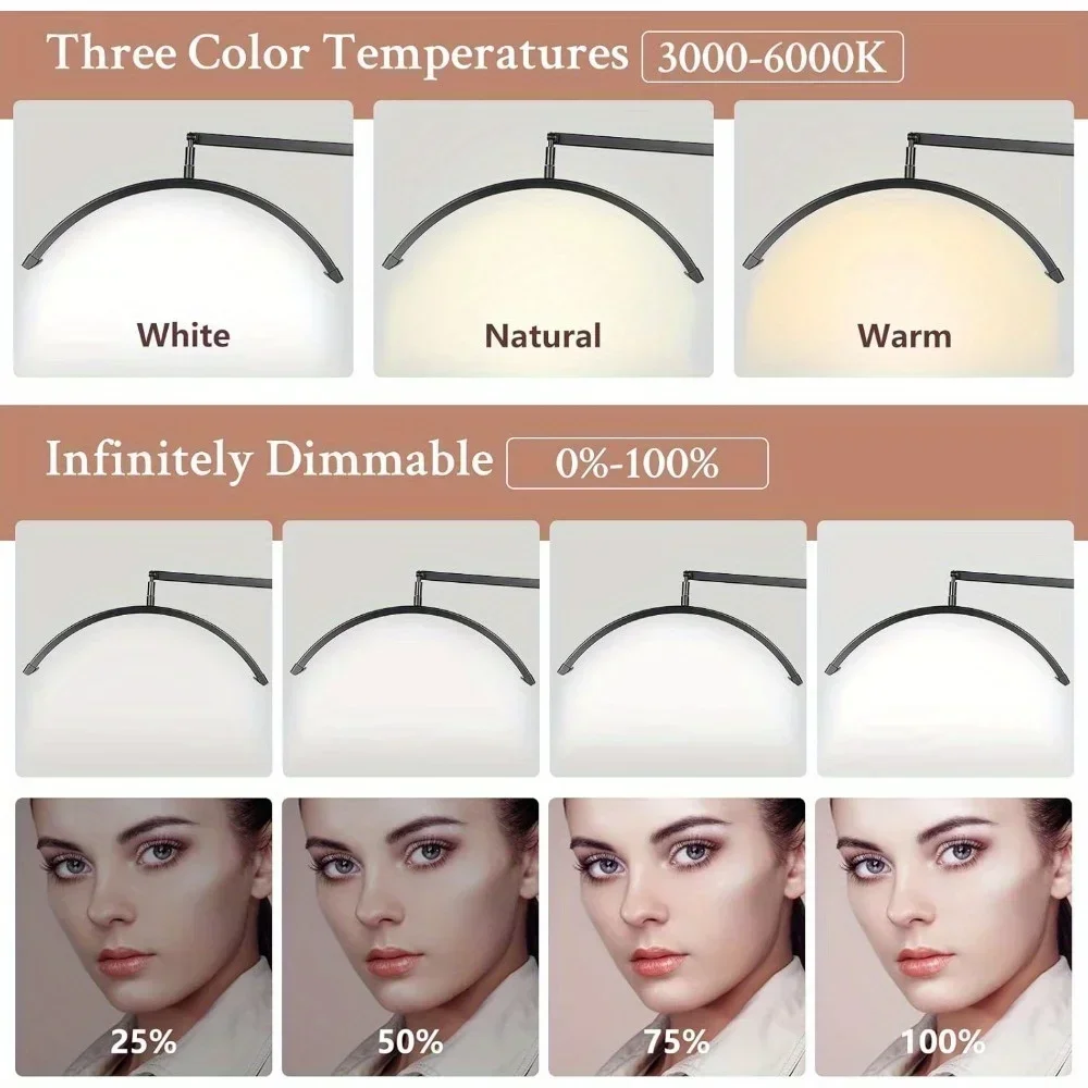 Luz de meia lua com rodas, lâmpada de meia lua de 23 polegadas com suporte para telefone, luz LED para manicure, extensão de cílios