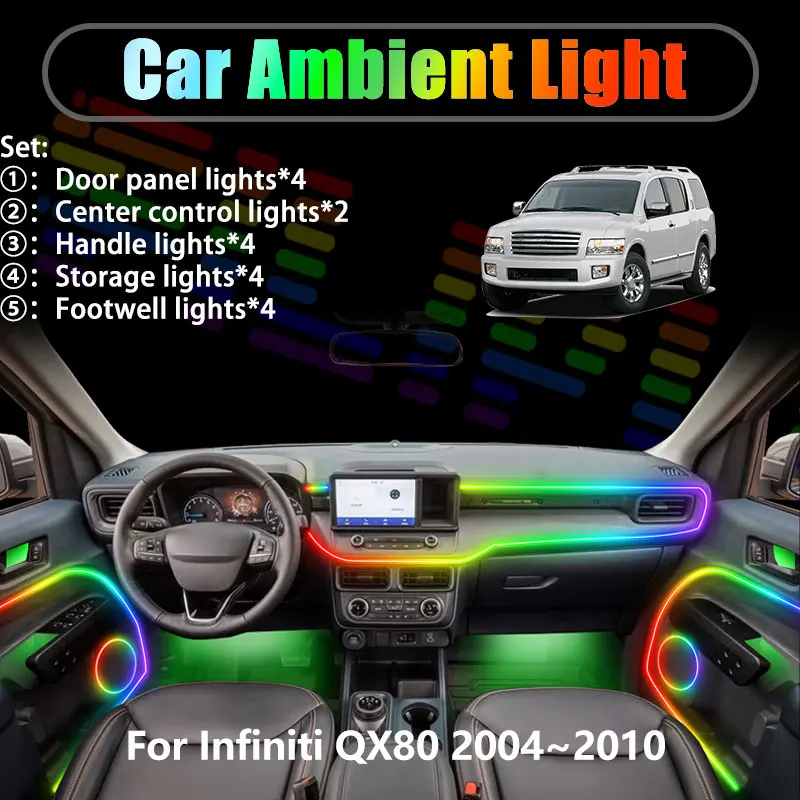 

For Infiniti QX80 2004~2010 JA60 MK1 2005 2/18 in 1 Car ambient lighting Led trunk interior led lights USB RGB Ensemble Streamer