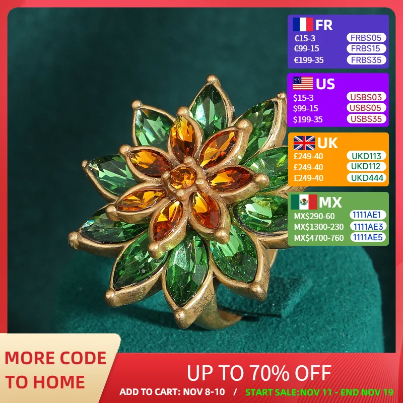 

Romantic Flower Vintage Crystal Lotus Rings Gold Color Horse Eye Shape Luxury Design Copper Jewelry Party Accessories for Women