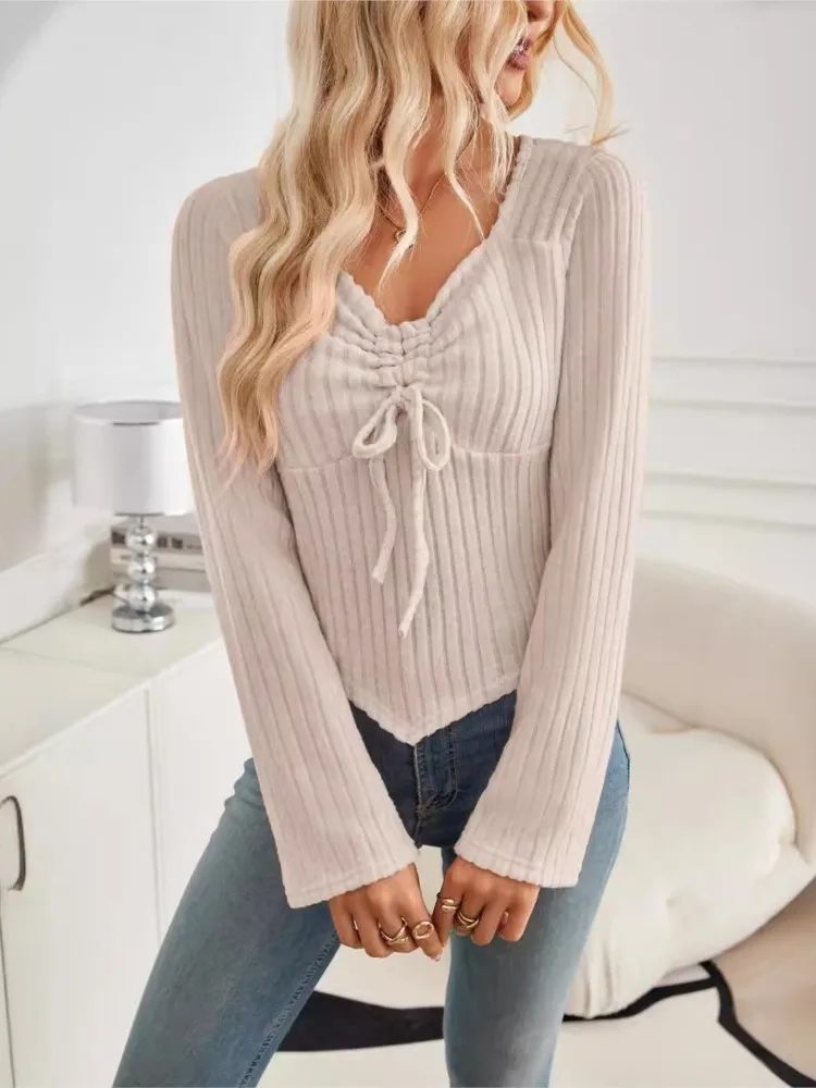 

V-neck Tops Full Sleeve Tops Casual Solid Slim Pleated Drawstring Short Tees Work Y2k Streetwear Elegant Autumn Winter T-shirt