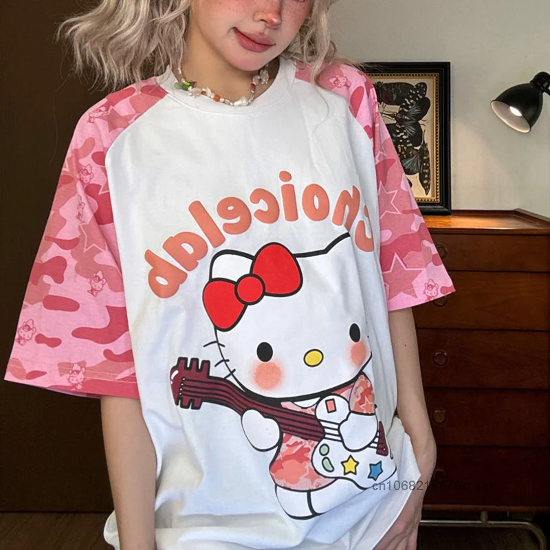 Sanrio Hello Kitty Pure Cotton American Style Patchwork Camouflage T-shirt Women's Summer Y2k Sweet Spicy Girl Casual Niche Top