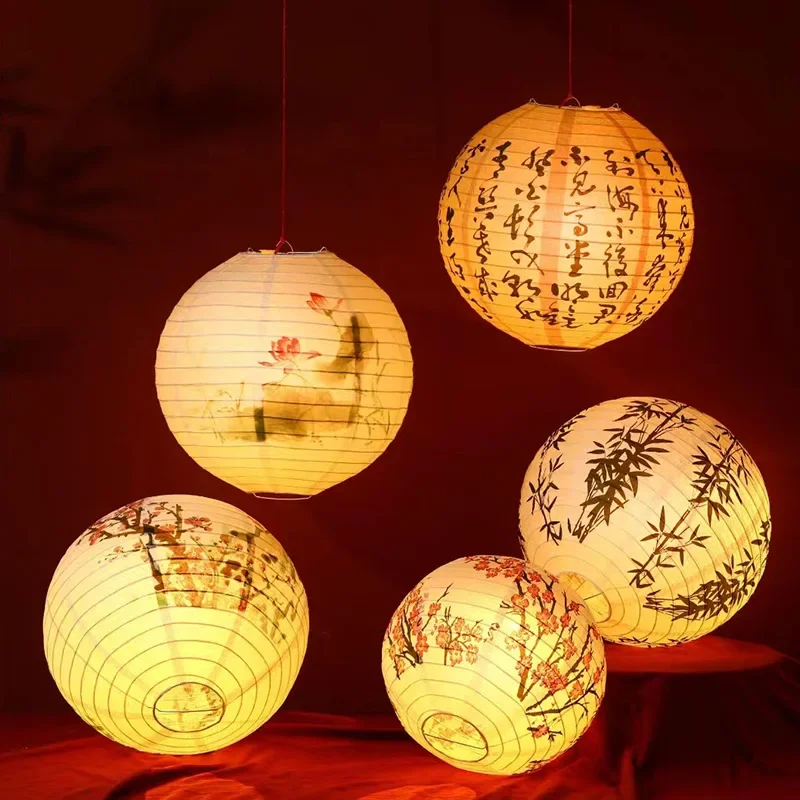 Chinesische runde Papierlaterne, Lotus-Pflaumenblüte, Bambusvögel, Blumenbrief, gedruckt, Lampion, Zuhause, Schlafzimmer, Wohnzimmer, Dekoration