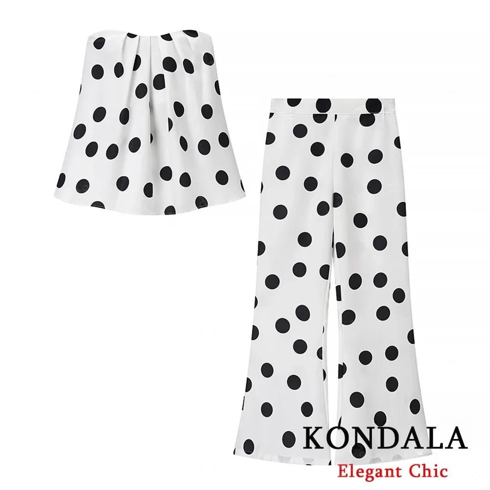 

KONDALA Элегантный сексуальный комплект в горошек, женский топ без бретелек или расклешенные брюки, модный комплект весны и осени 2024, праздничный уличный комплект брюк