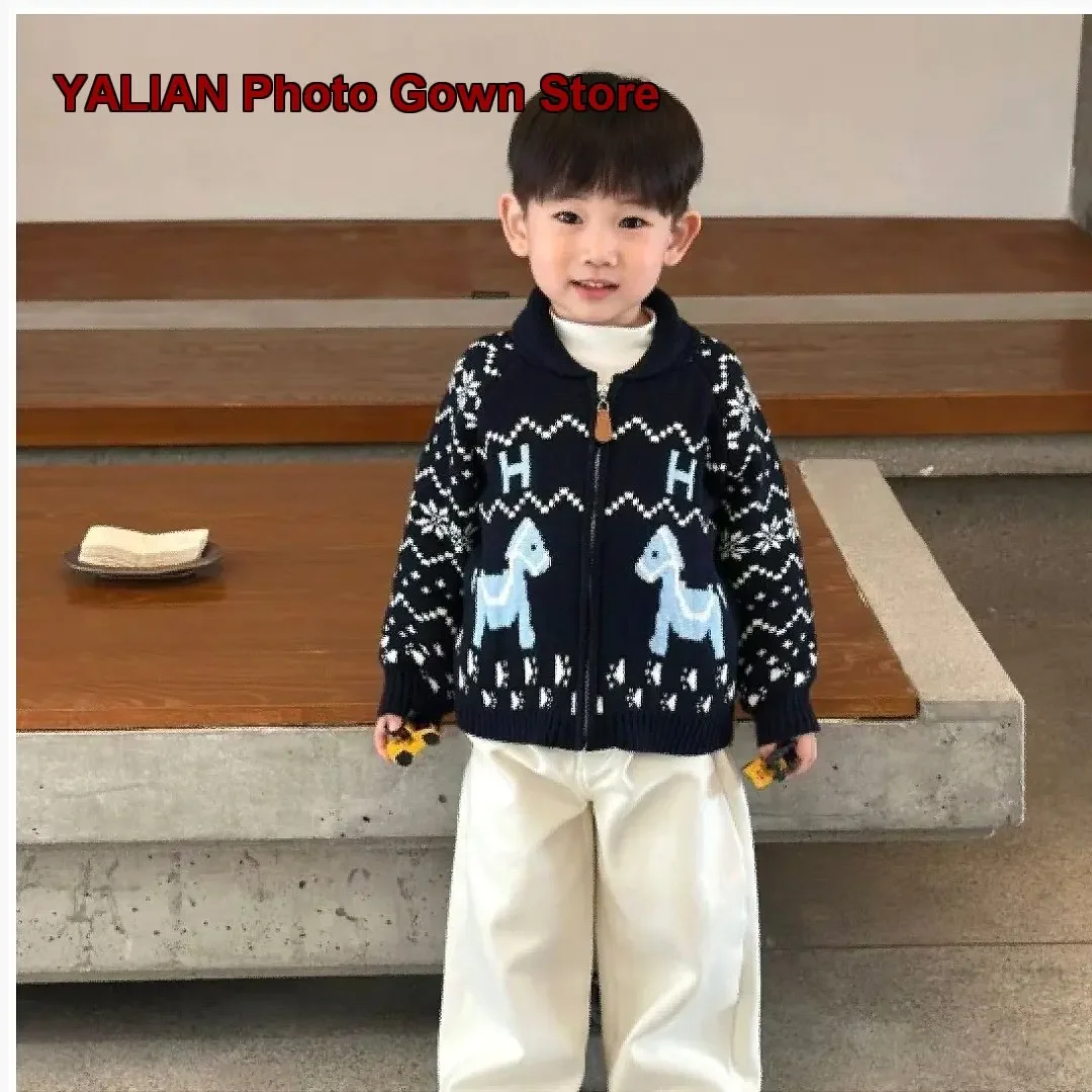 Boys Two-Piece Set Autumn Winter Fair Isle Zip Up Knit Thickened Fleece Lined Casual Pants