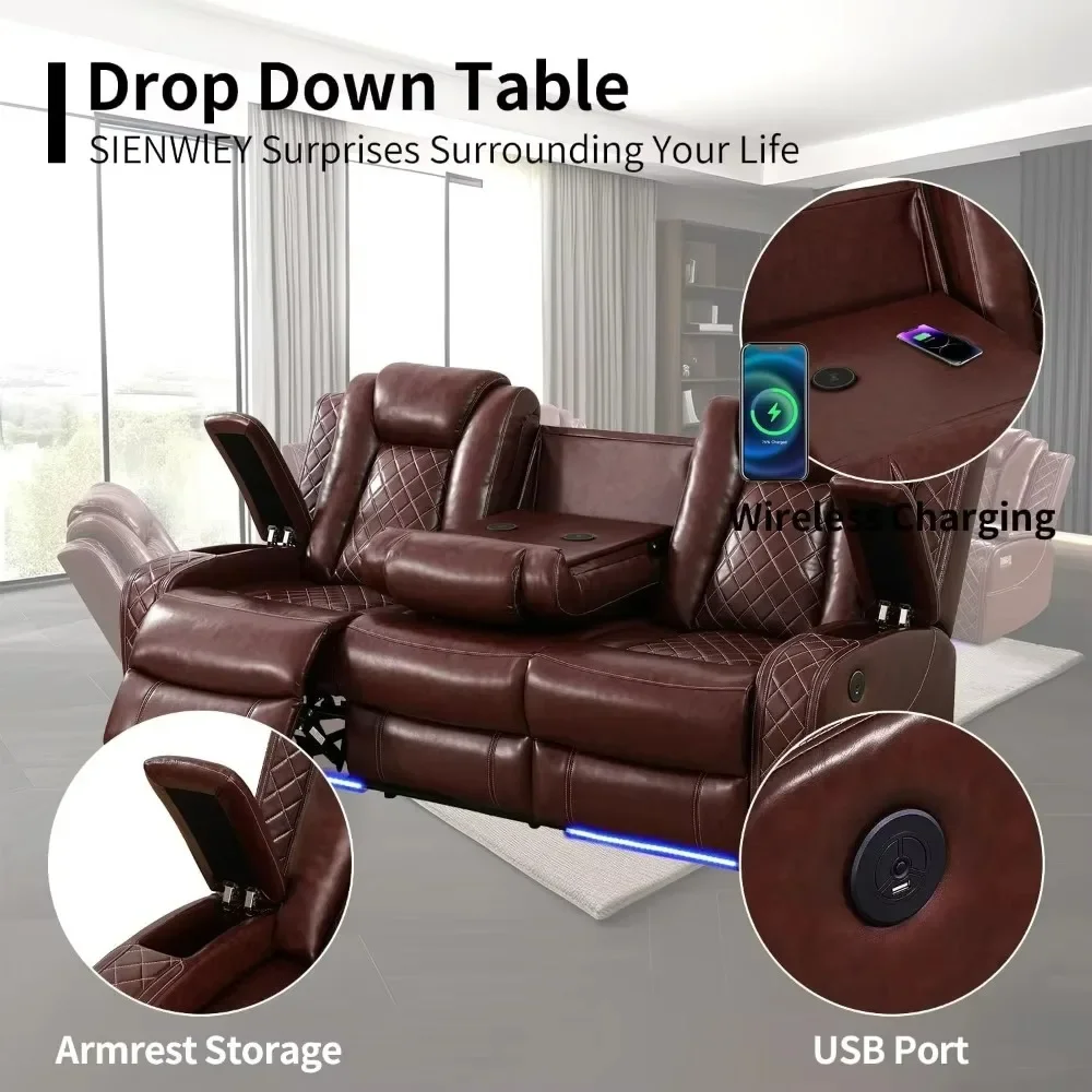 Sofa Kursi Daya Kulit dengan Lampu LED, Pengisi Daya Nirkabel/Port USB Meja Jatuh, Sofa Berbaring Ganda Daya Mewah 84"