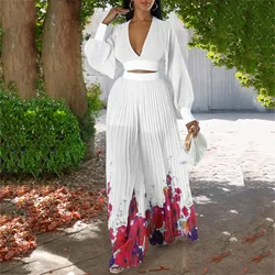 2024 Women'S Pleated Spring And Summer 2 Piece Outfits Casual Tracksuits V Neck Long Sleeve Top Wide Leg Pant Loose Sets