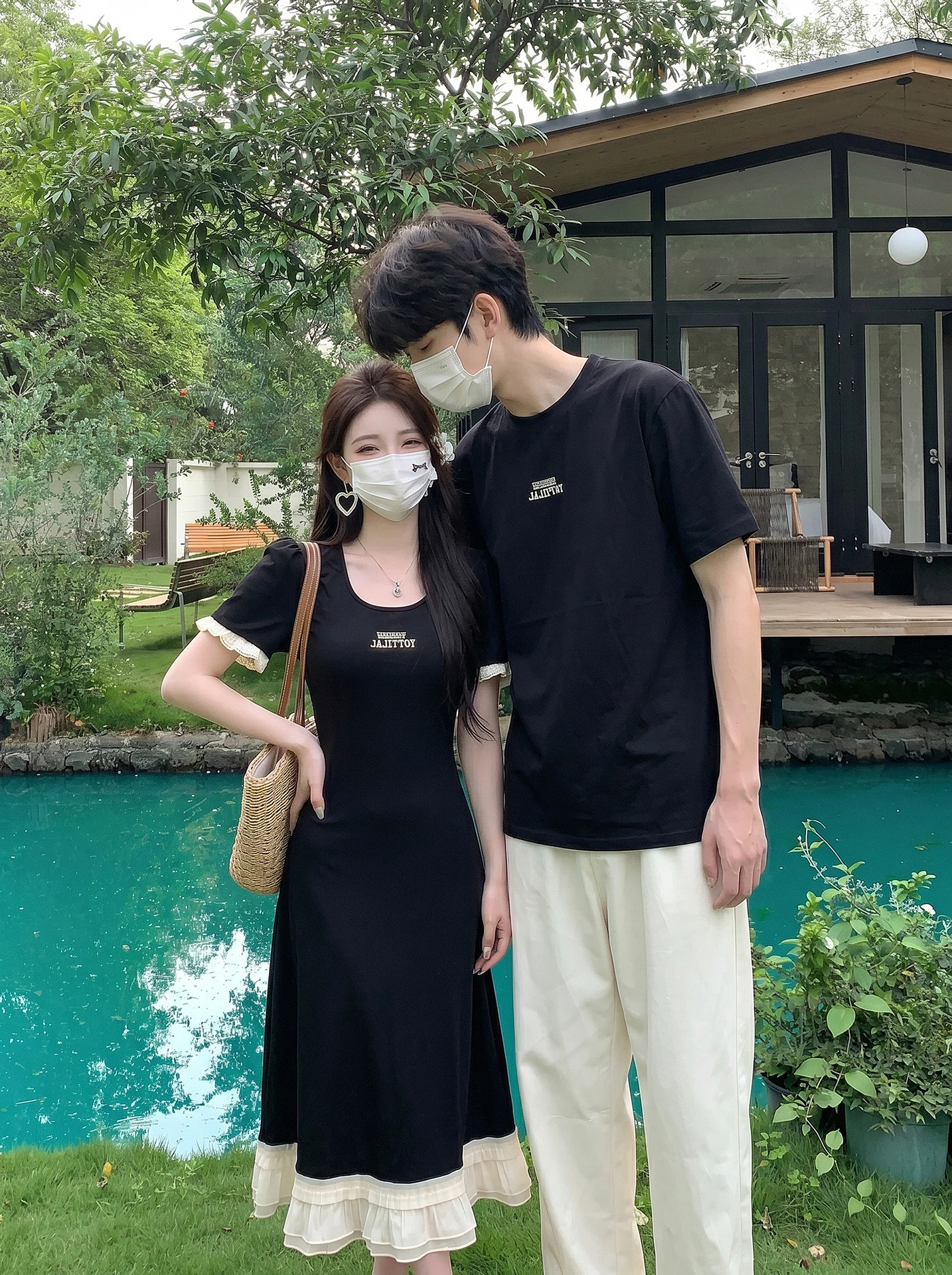 Couple's Summer Minimalist Short Sleeve T-Shirt Waist-Cinching Slimming Hepburn Long Dress Unique Design One Skirt One Top