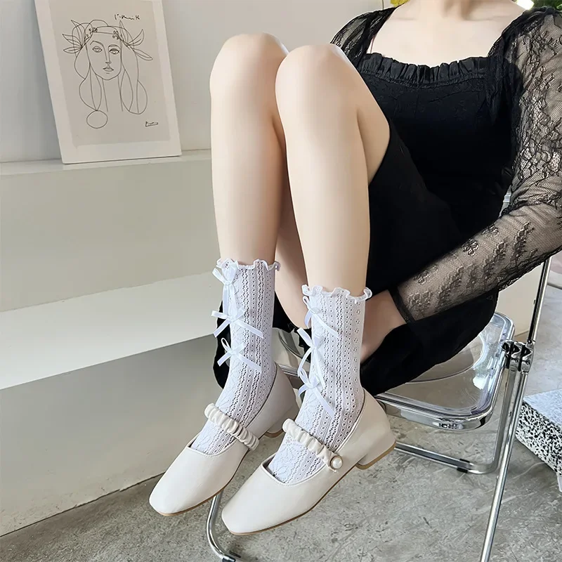 JK Lolita Mädchen-Socken mit Rüschen und Rüschen, einfarbig, schwarz, weiß, lange Socken, aushöhlen, atmungsaktiv, japanische Kawaii-Schleife, süße Socken