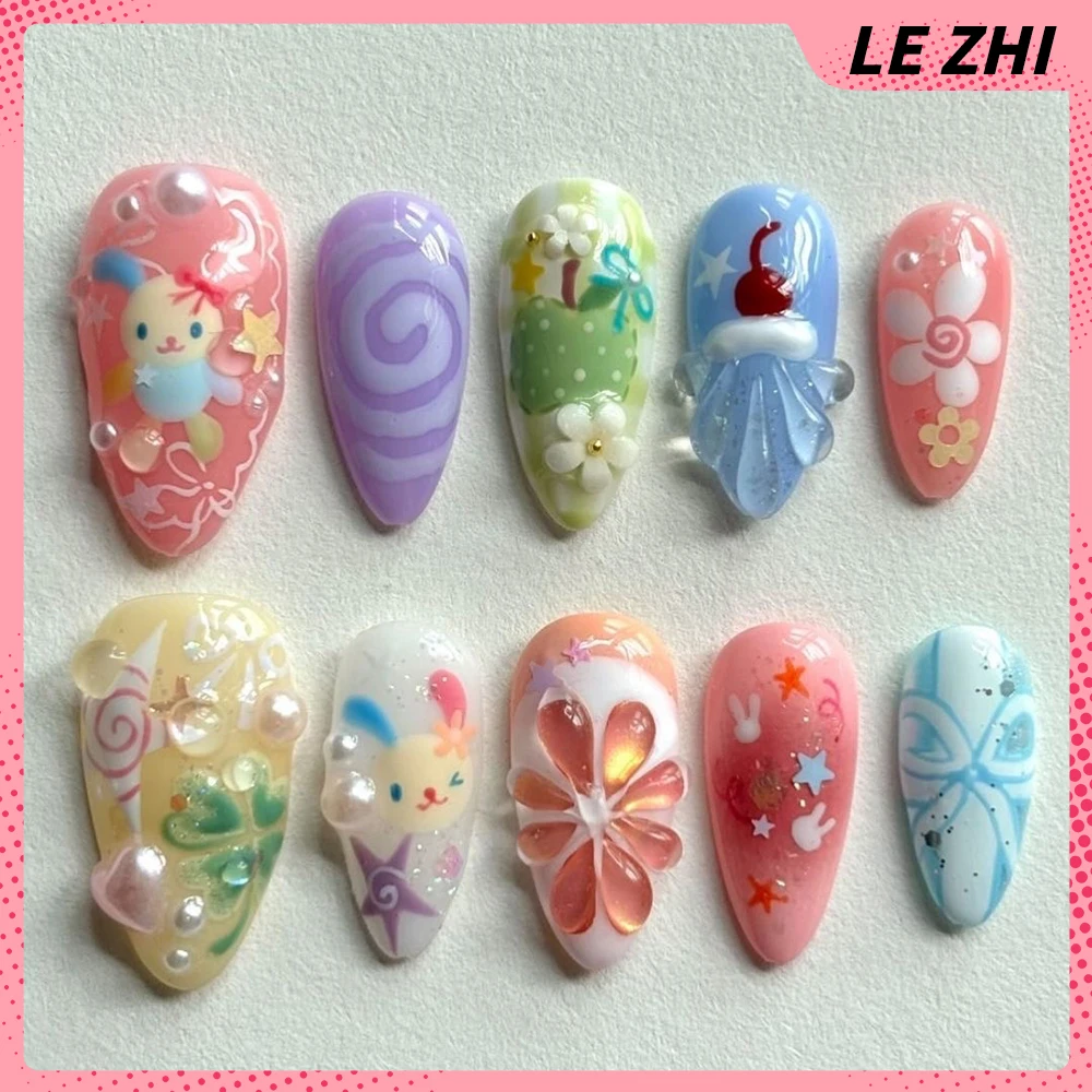 3D Handmande Hellokitty Bear Press On Nail Art Y2K Spice Girls Cartoon Gel Glitter Acrylic Nail Sticker Customizable Girl Gift