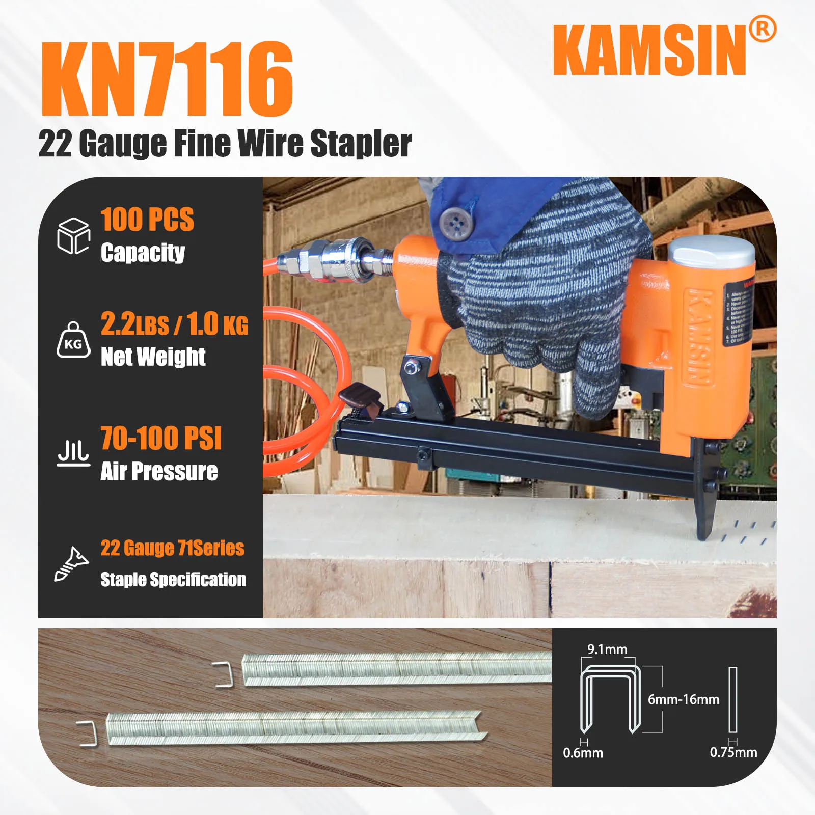 KAMSIN KN7116 Pneumatic Upholstery Stapler, 22GA, 71 Type, 3/8 Crown, 7116 Air Furniture Stapler, Fine Wire Staple Gun