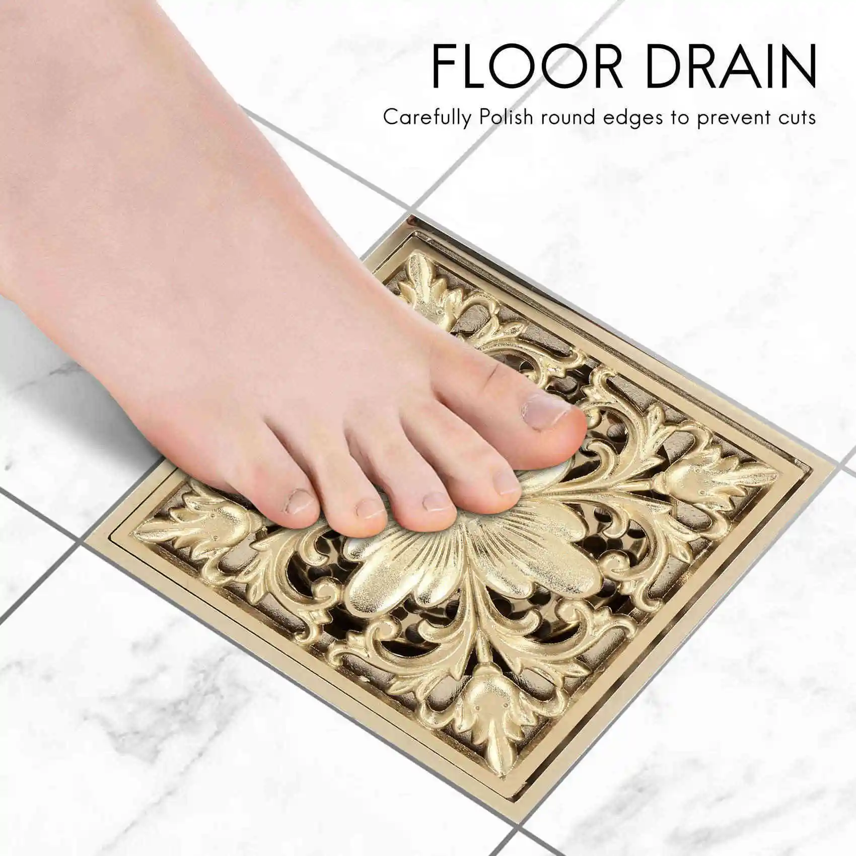 AFOURT-Gold Quadratischer Bodenablauf mit Siebfilter für Badezimmer und Waschraum – Detail 1