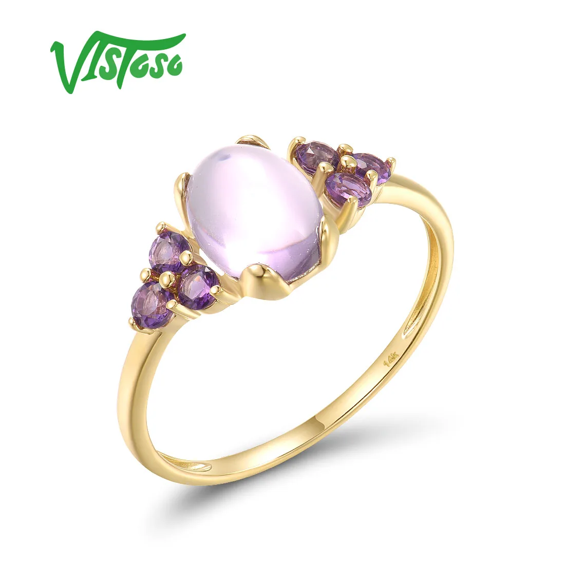 VISTOSO auténticos anillos de oro amarillo de 14K 585 para mujer, solitario de amatista auténtica, compromiso rosa, joyería fina delicada para boda