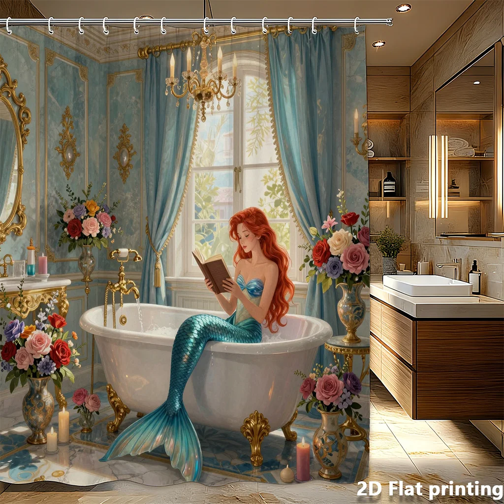 Printed Shower Curtain Featuring a Blue And White Mermaid Design, Ideal for Different Settings And Home Decor