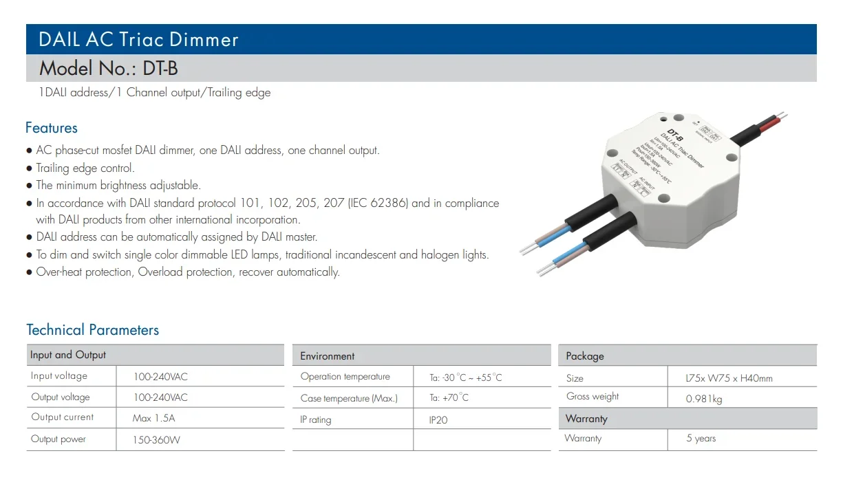 DT-B Triac DALI Dimmer AC110-220V 150W-360W Trailing Edge/1 DALI Address/1 Channel Dimming to Dim Switch Single Color Led Light