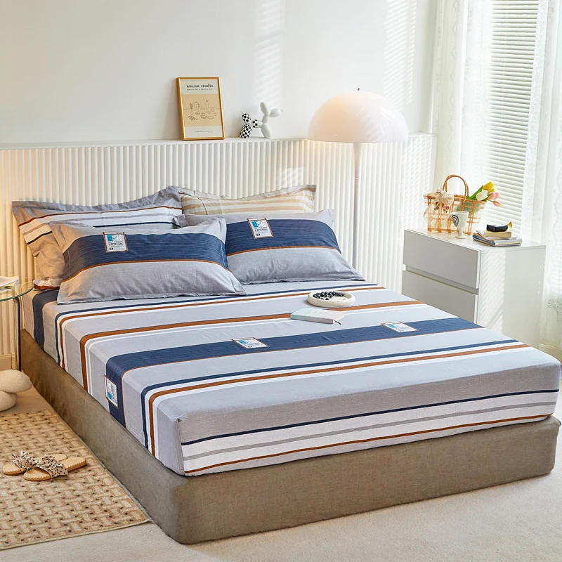 

Plaid Striped Printed Cotton Fitted Sheet, Soft, Breathable and Skin-friendly Bed Sheet with Elastic Band Easy Care Multi-sizes