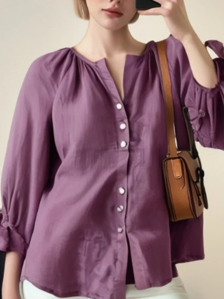 

Pop Women's Spring Summer New Fashion Large Size Literary Retro V-neck Casual Loose Top New Lantern Sleeve Solid Color Shirt