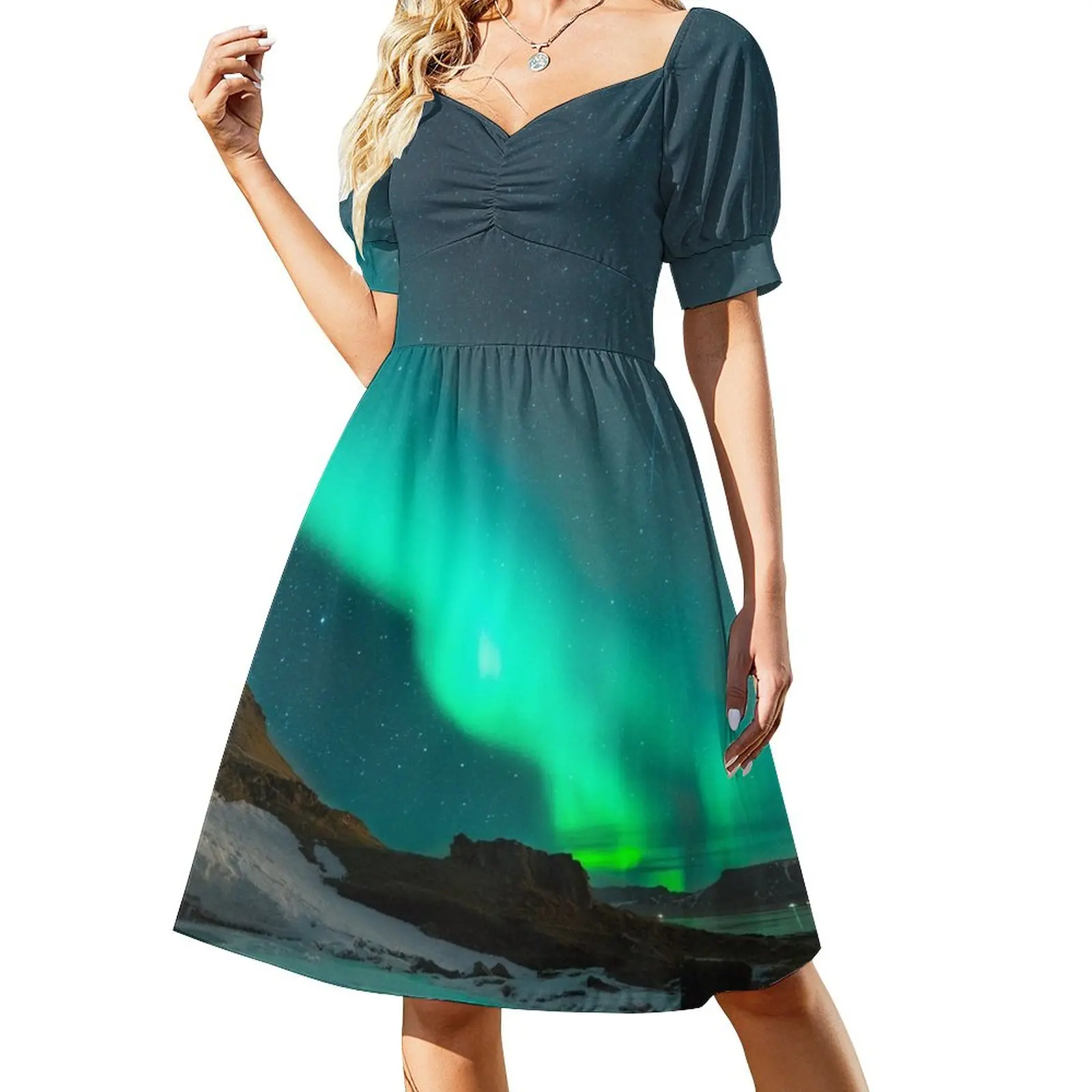 northern lights trail above snowed mountain mixed with the stars Sleeveless Dress Womens dresses