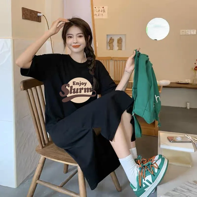 فستان صيفي جديد فضفاض مقاس كبير للنساء فستان عتيق مطبوع عليه حروف ورقبة دائرية وأكمام قصيرة