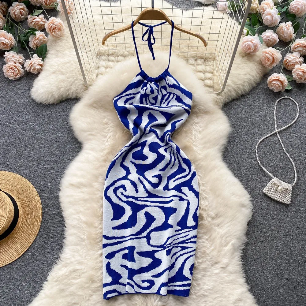 YuooMuoo Ins Hot Sexy Package Hips Backless Summer Dress Women Fashion Knitted Halter Bodycon Beach Dress Lady Streetwear Outfit