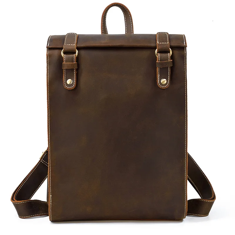 

Men's Retro Crazy Horse Leather Backpack Brown Genuine Leather Rucksack Brown 14 Inch Laptop School Bag