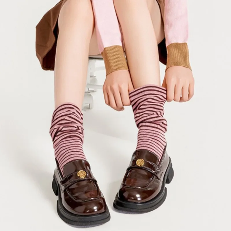 Cute Korean Layered Striped Slouchy Socks Thin Cotton Mid-Calf Socks Loose Cuff Puff Socks for Spring Summer Casual Streetwear