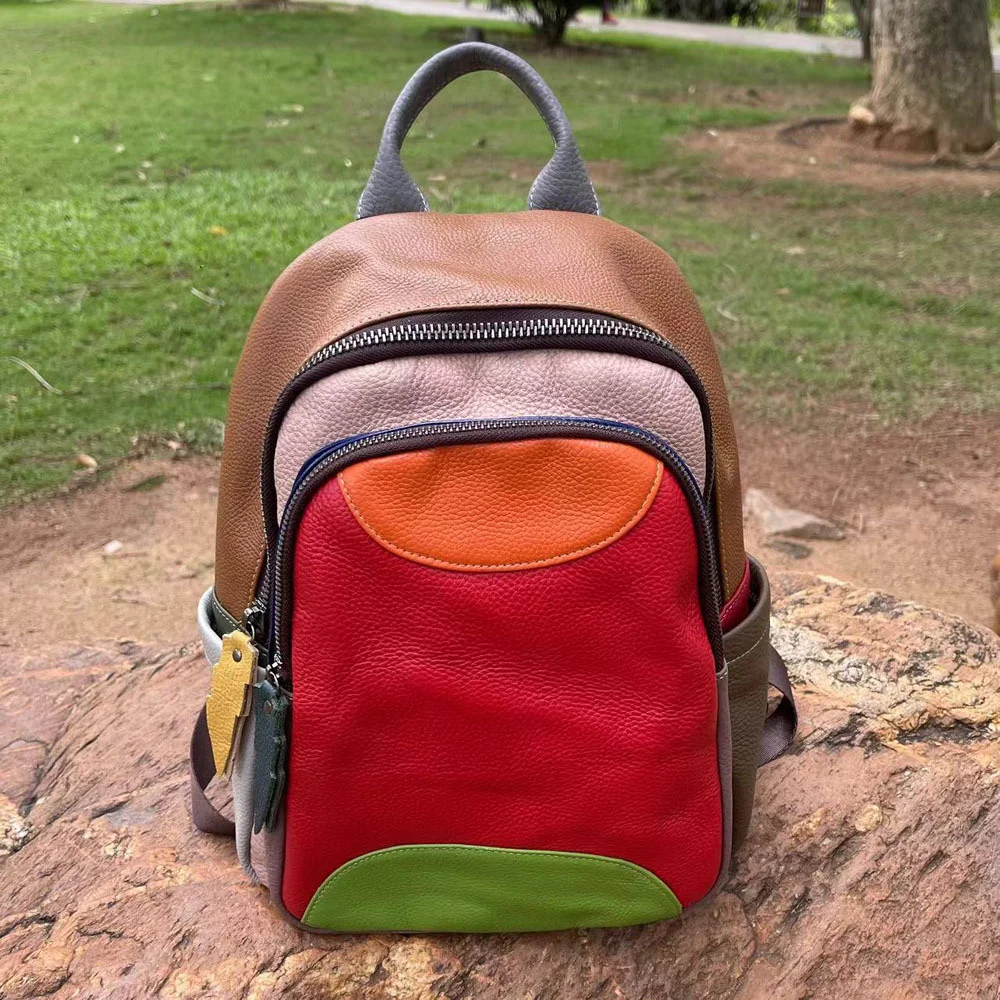 

First Layer Cowhide Woman Backpack Splicing Contrasting Genuine Leather Travel Handbag Fashion Girl Colorful School Shoulder Bag