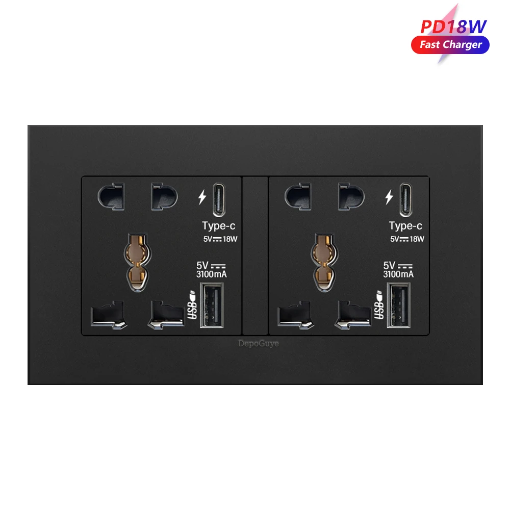 Enchufe tipo C de 18W, toma de corriente Universal de 5 pines de carga rápida, enchufe de pared doble de 3 pines, cargador USB tipo c de 5V 3.1A AC 110-250V