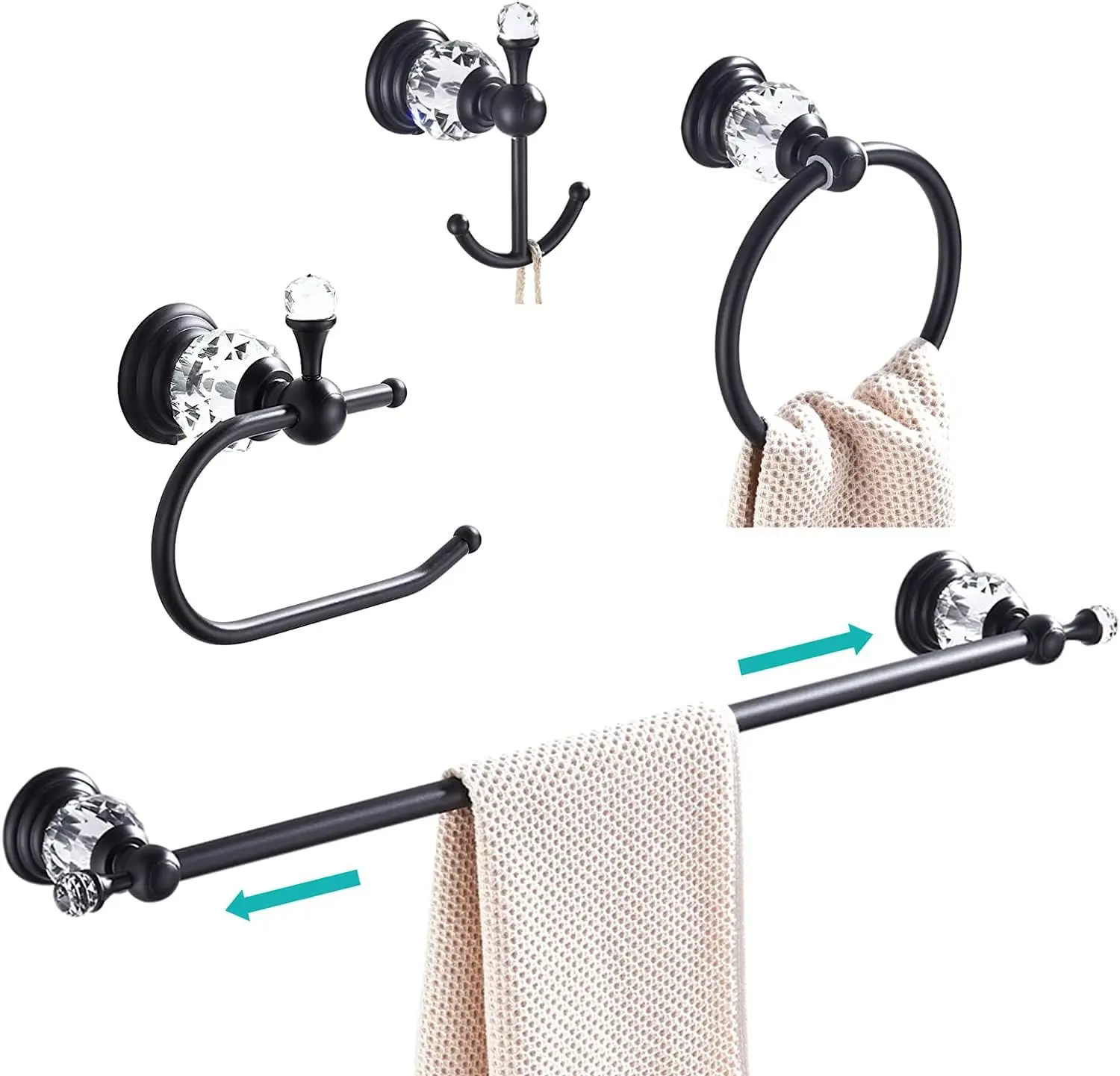 

Black 24-Inch Towel Bar Set with Toilet Paper Holder, Towel Ring, and Coat Hooks - 4-Piece Wall-Mounted Bathroom Accessories