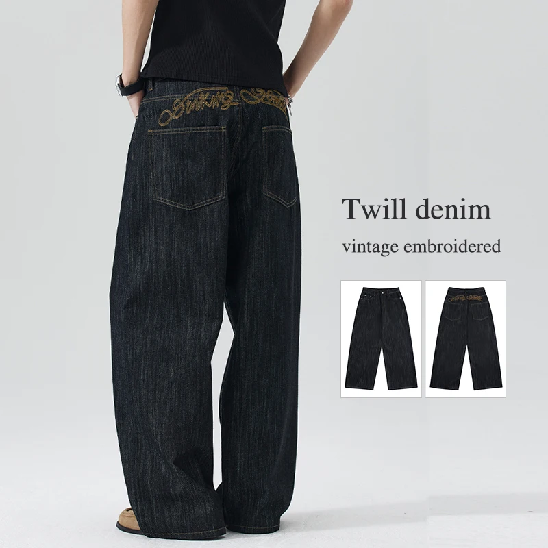 

Классические джинсы из твила для мужчин: винтажные, свободные, с вышивкой букв, широкие штанины, прямые брюки в американском уличном стиле