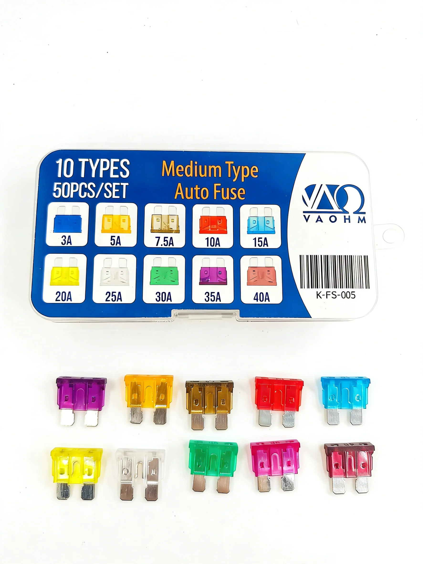 Medium Type  Auto Fuse Set 10Types 50PCS 3A 5A 7.5A 10A 15A 20A 25A 30A 35A 40A