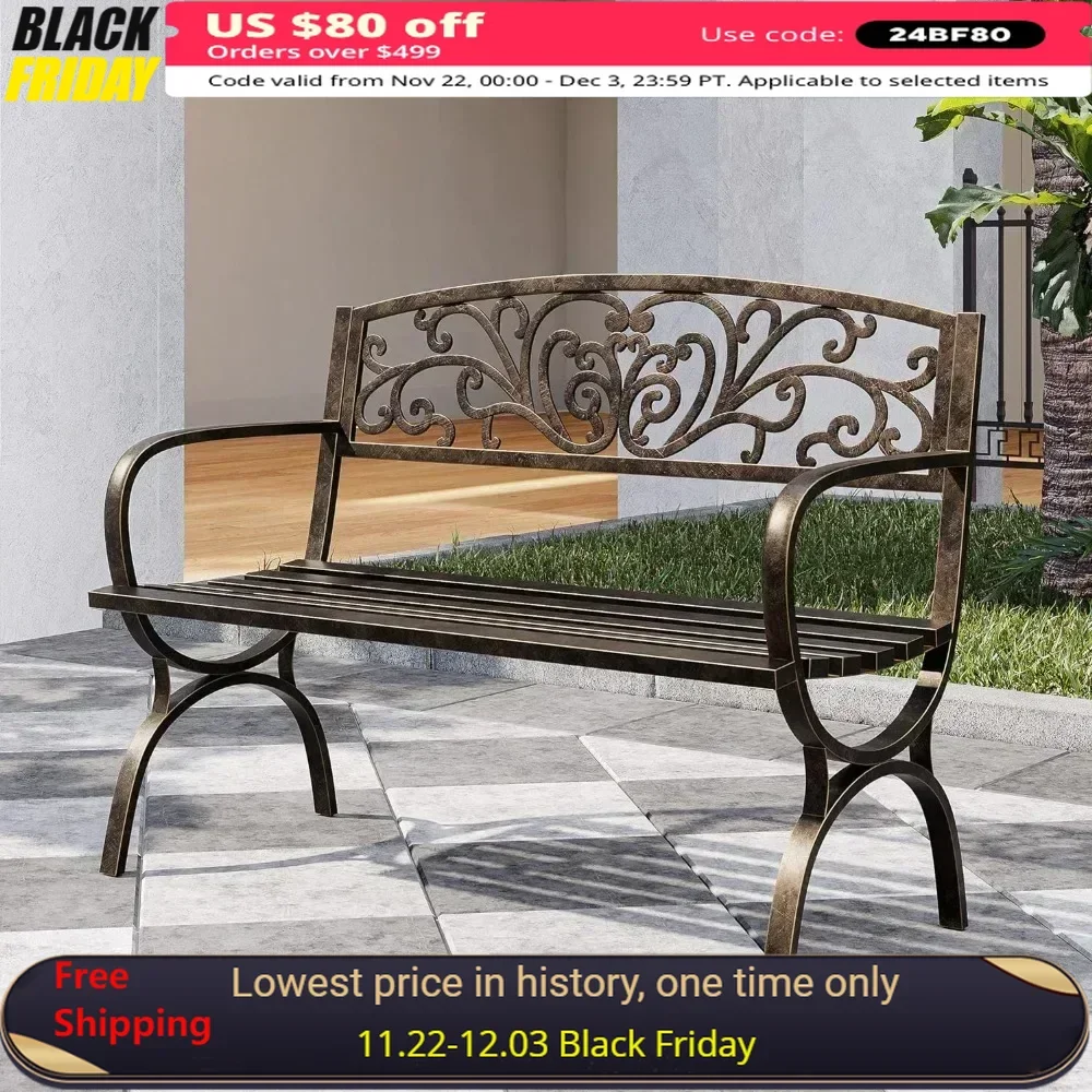 

Outdoor Garden Bench, 50 inch Cast Iron Metal Loveseat Chairs with Armrests for Park, Yard, Porch, Lawn, Bronze Patio Benches