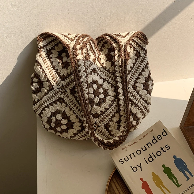 

Повседневная богемная вязаная сумка-тоут большой вместимости, ручной работы, с контрастными цветами, сумка через плечо, летняя пляжная сумка в этническом стиле