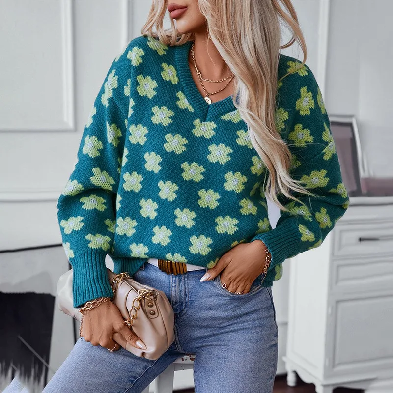 Mode Dames Gebreide Trui V-hals Trui Lange Mouwen Bloemen Bloemenpatroon Jacquard Veelzijdige Gebreide Top Herfst Trui