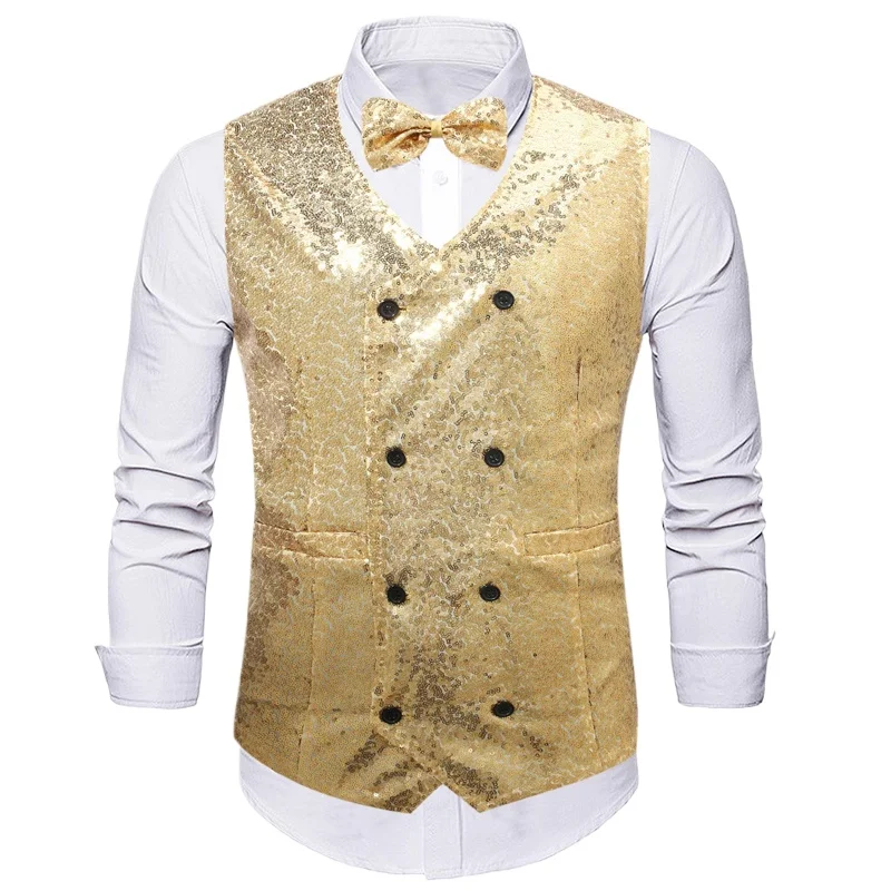 Gold Sequin Shiny Double-breasted Waistcoat for Men Dress Vest with Bowtie 2 Pcs Steampunk Mens Gilet Elegant Party Suits Vests