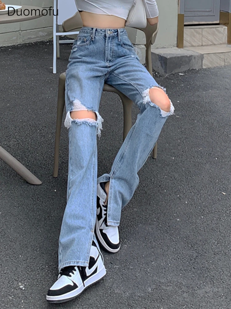 Duomofu Vintage hohe Taille schlanke schicke aushöhlen weibliche Jeans Sommer mode in voller Länge einfache geteilte gerade lässige Frauen Jeans